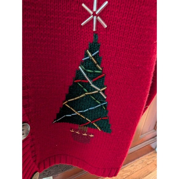 Vintage Talbots Red Christmas Cardigan Sweater Embroidered Trees Beaded Womens M - Picture 5 of 11